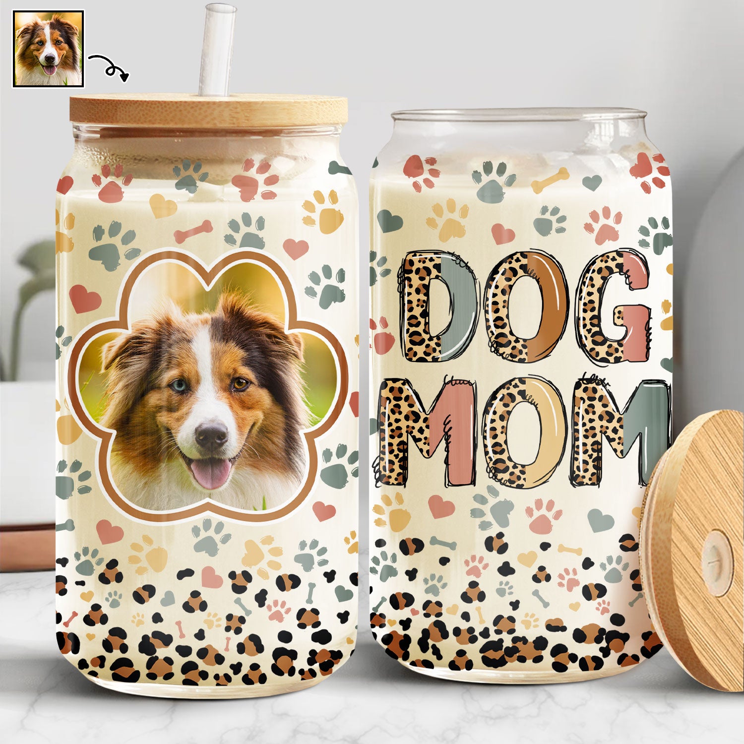 Custom Photo Leopard Dog Mom, Cat Mum, Fur Mama - Gift For Pet Lover, Women Who Love Dogs & Cats - Personalized Clear Glass Can