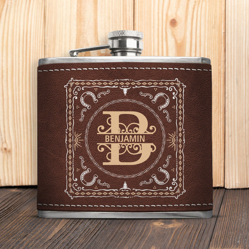 Cowboy Style Monogram - Birthday Gift For Dad, Grandpa, Brother, Men - Personalized Hip Flask