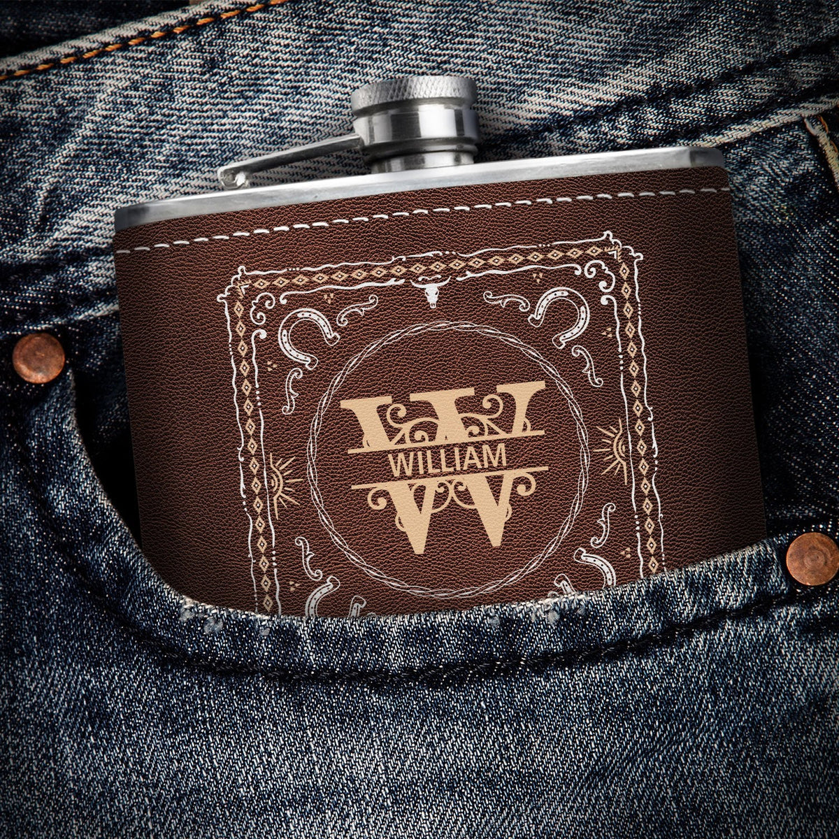 Cowboy Style Monogram - Birthday Gift For Dad, Grandpa, Brother, Men - Personalized Hip Flask