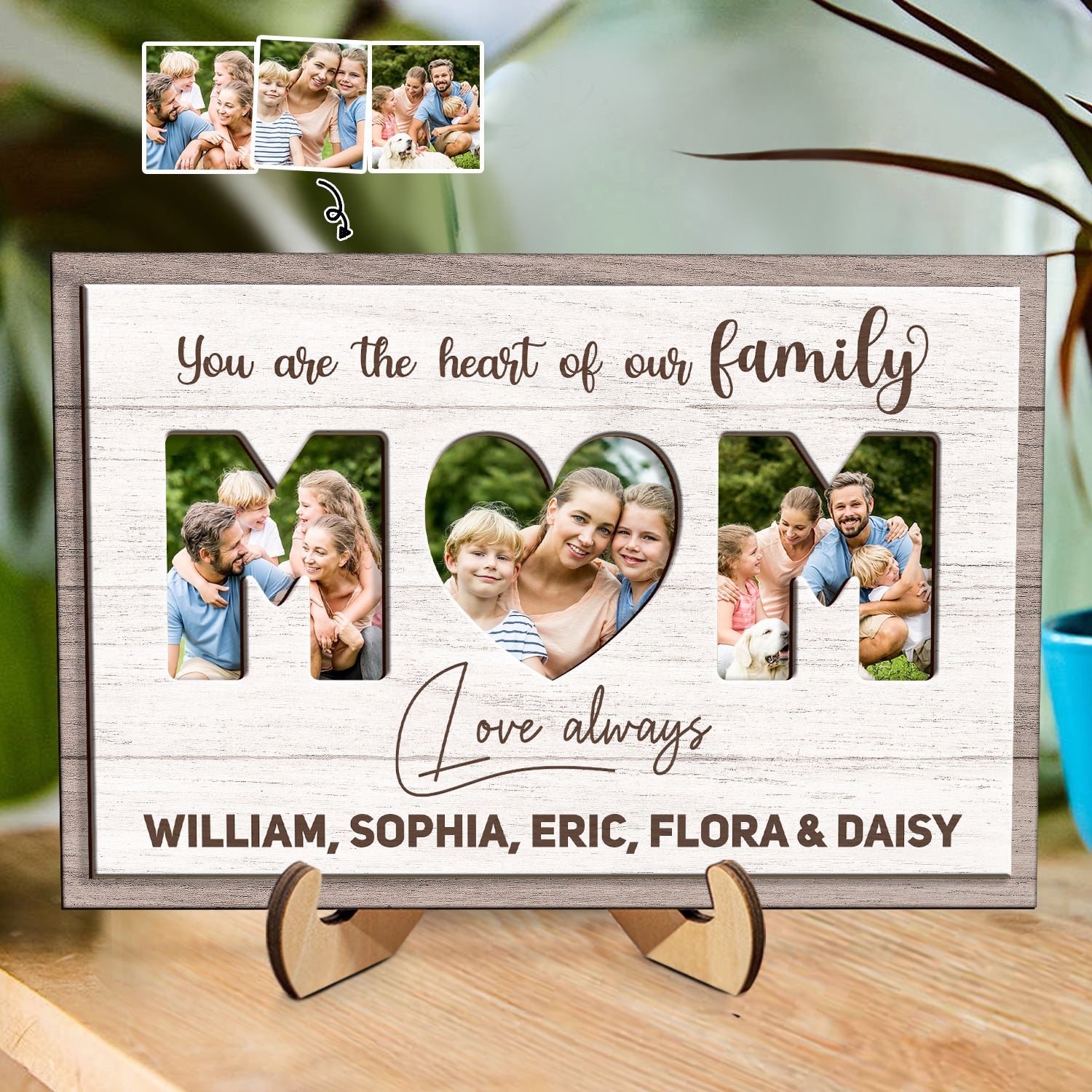 Custom Photo You Are The Heart Of Our Family - Mom Gift For Wife From Husband And Kids - Personalized 2-Layered Wooden Plaque With Stand