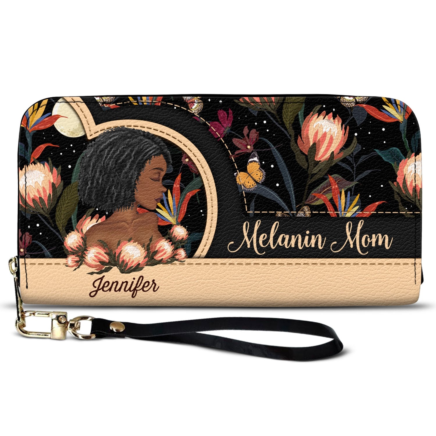 Black Mom - Gift For Mother, Mama, Mommy - Personalized Leather Long Wallet