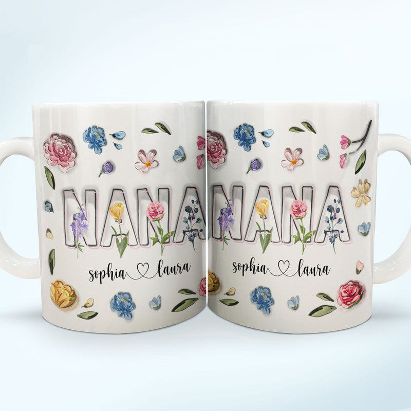 Maman, Nana Fleurs - Cadeau pour maman, grand-mère - Mug imprimé effet gonflé 3D, Mug blanc personnalisé bord à bord