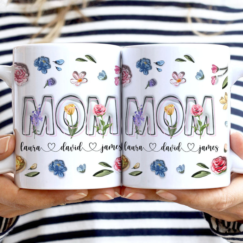 Maman, Nana Fleurs - Cadeau pour maman, grand-mère - Mug imprimé effet gonflé 3D, Mug blanc personnalisé bord à bord