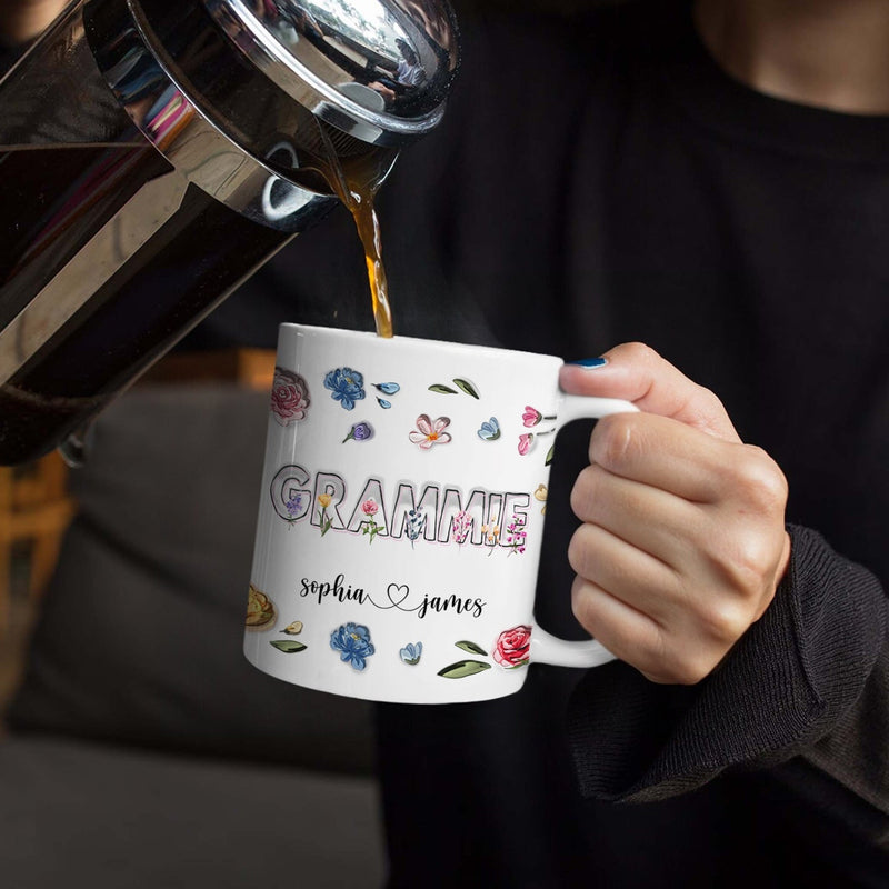 Maman, Nana Fleurs - Cadeau pour maman, grand-mère - Mug imprimé effet gonflé 3D, Mug blanc personnalisé bord à bord