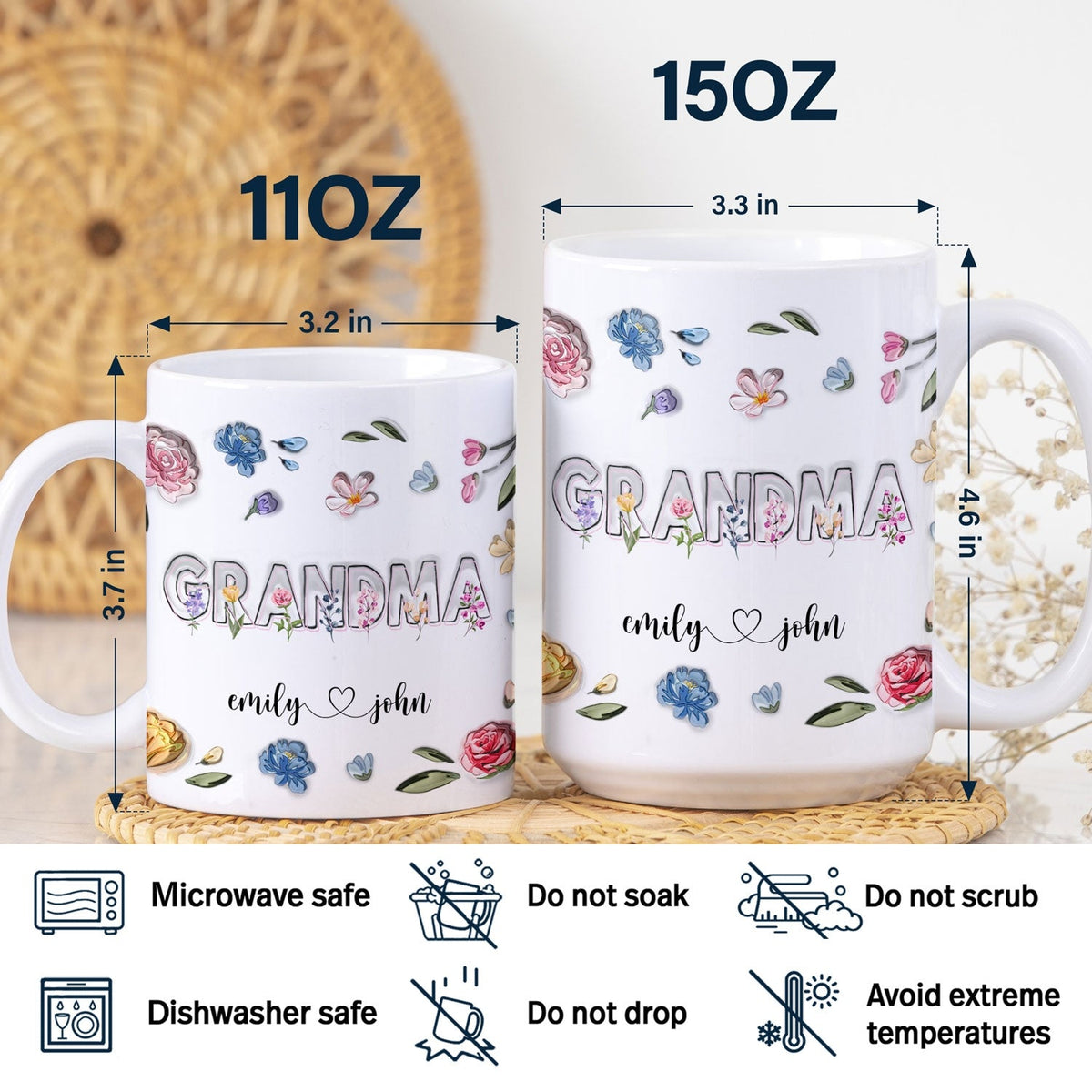 Maman, Nana Fleurs - Cadeau pour maman, grand-mère - Mug imprimé effet gonflé 3D, Mug blanc personnalisé bord à bord