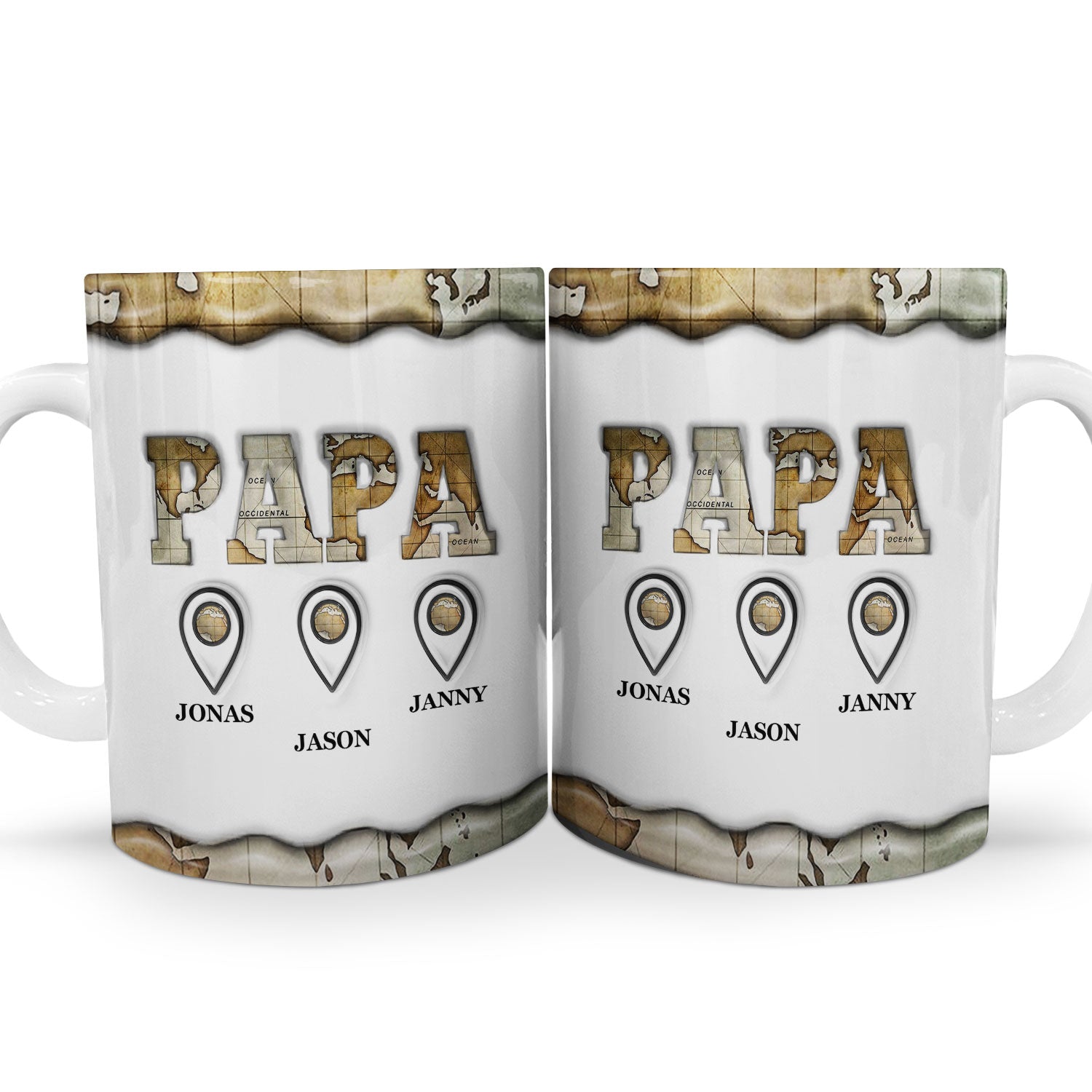 Vintage Map Papa - Gift For Dad, Grandpa - 3D Inflated Effect Printed Mug, Personalized White Edge-to-Edge Mug