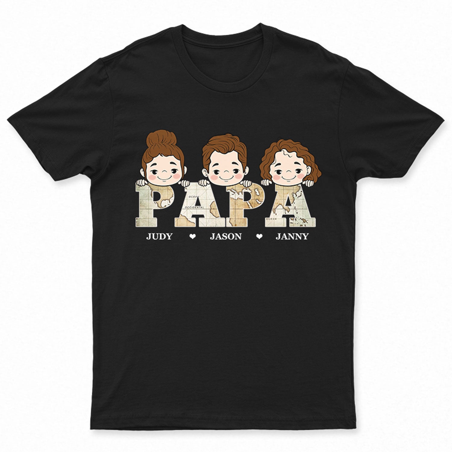 Vintage Map Papa Title Kid Cartoon - Gift For Dad, Father, Grandpa, Granddad - Personalized T Shirt