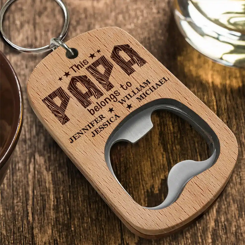 This Grandpa Belongs To Wooden Titles - Personalized Bottle Opener Keychain