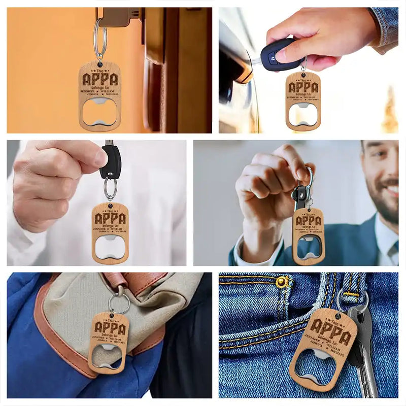 This Grandpa Belongs To Wooden Titles - Personalized Bottle Opener Keychain