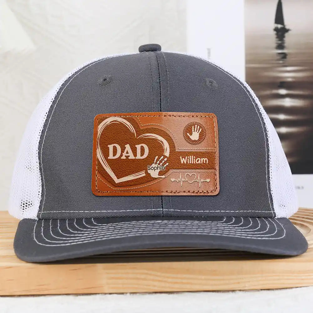 Granddad Dad Kids Handprints Heart - Personalized Leather Patch Hat