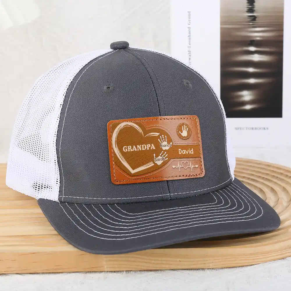 Granddad Dad Kids Handprints Heart - Personalized Leather Patch Hat