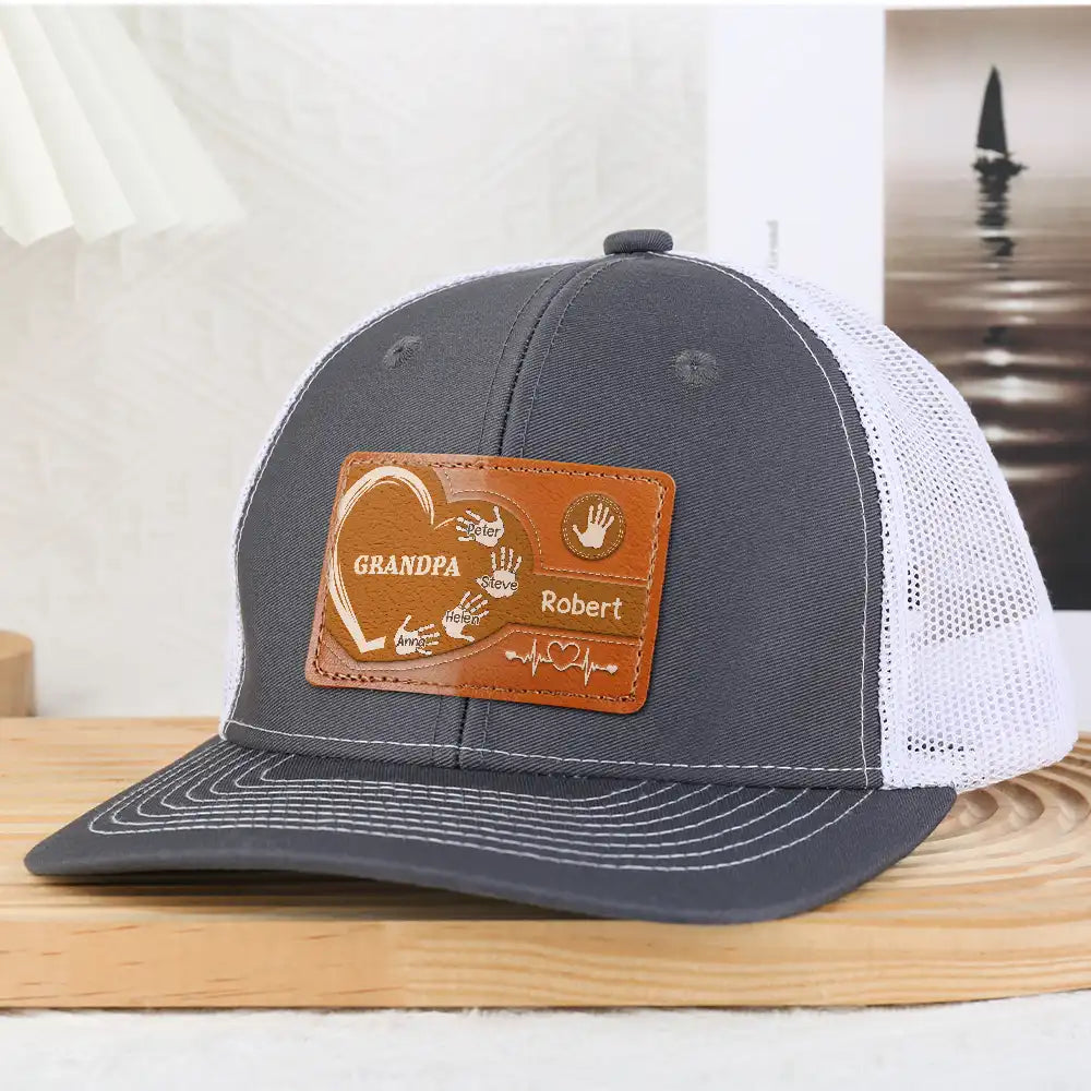 Granddad Dad Kids Handprints Heart - Personalized Leather Patch Hat