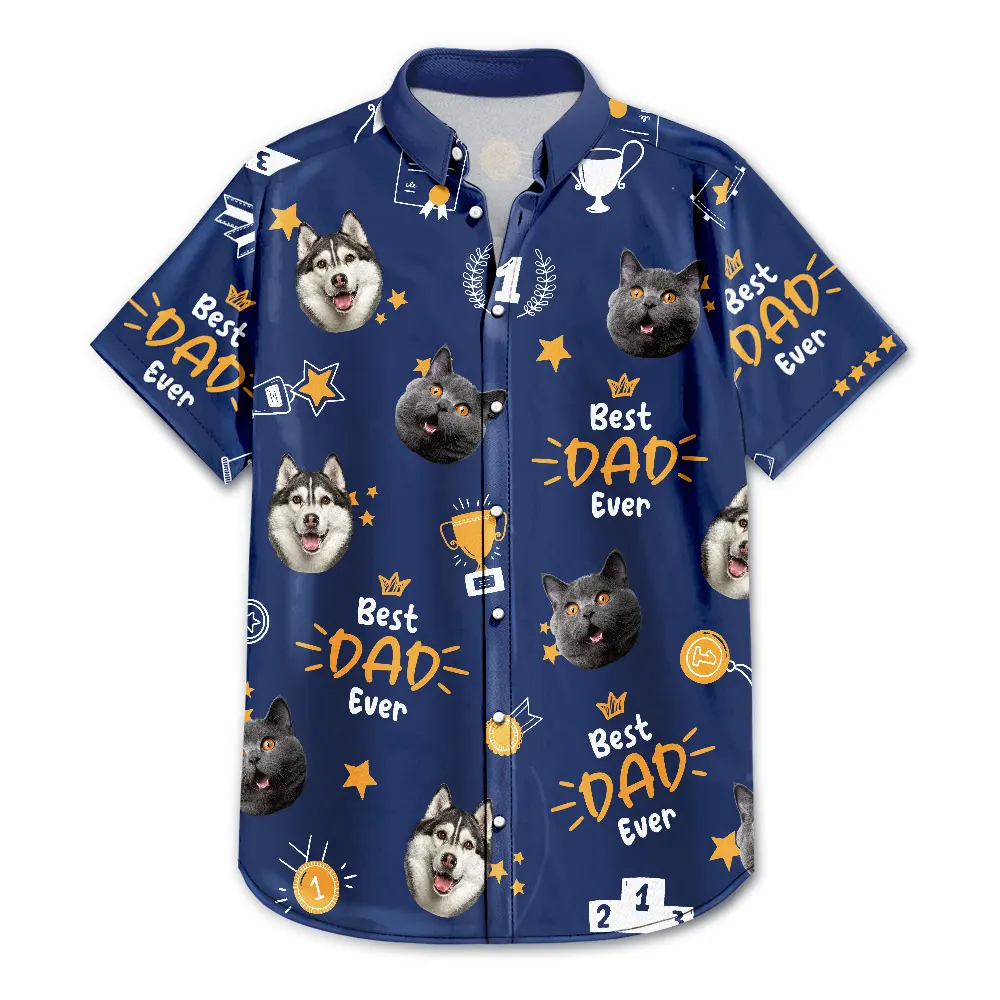 Custom Photo Best Dog Dad Ever Trophy Pet Daddy - Personalized Hawaiian Shirt