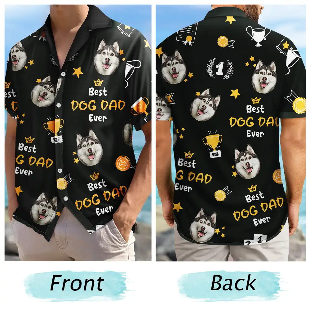 Custom Photo Best Dog Dad Ever Trophy Pet Daddy - Personalized Hawaiian Shirt