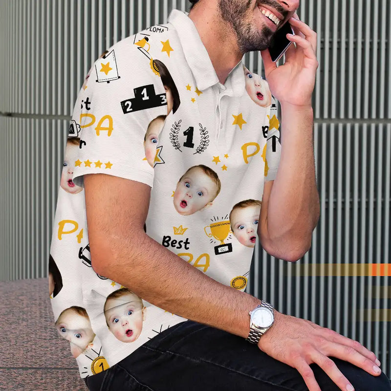 Custom Photo Best Papa Ever Trophy Dad - Personalized Polo Shirt