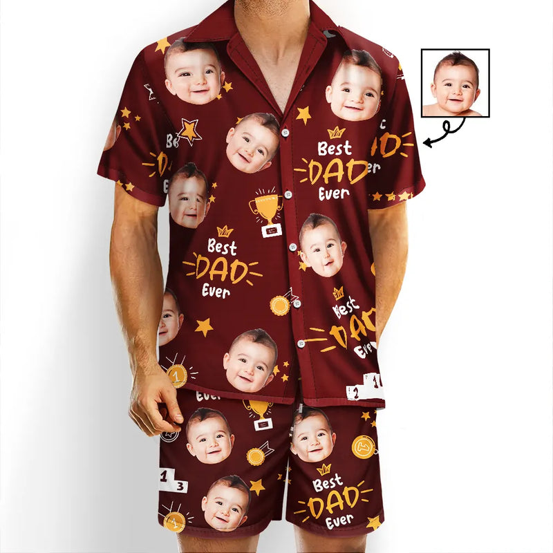 Custom Photo Best Papa Ever Trophy Dad - Personalized Hawaii Set Shirt And Shorts