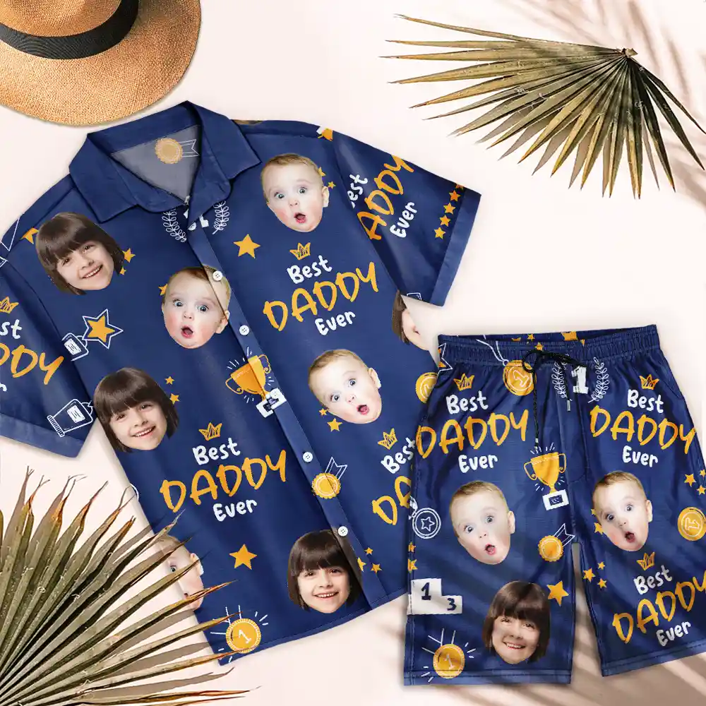 Custom Photo Best Papa Ever Trophy Dad - Personalized Hawaii Set Shirt And Shorts