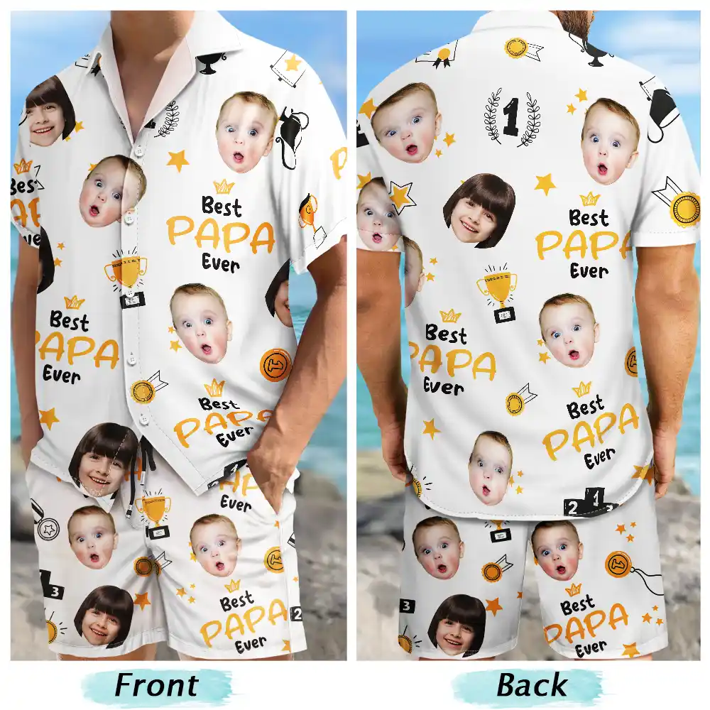 Trophée photo personnalisé « Meilleur papa de tous les temps » - Ensemble chemise et short hawaïens personnalisés