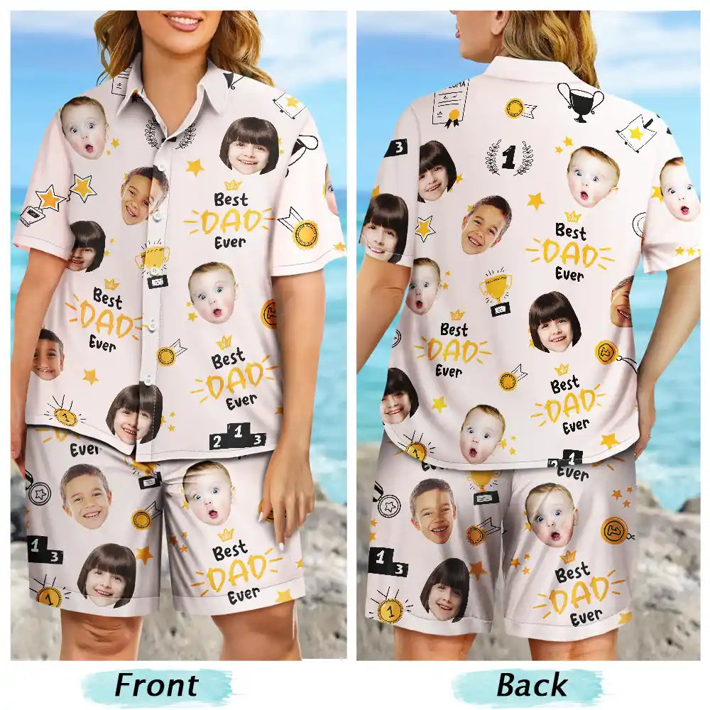 Custom Photo Best Papa Ever Trophy Dad - Personalized Hawaii Set Shirt And Shorts