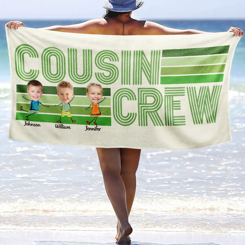 Custom Photo Funny Cousin Crew Retro Stripe - Personalized Beach Towel