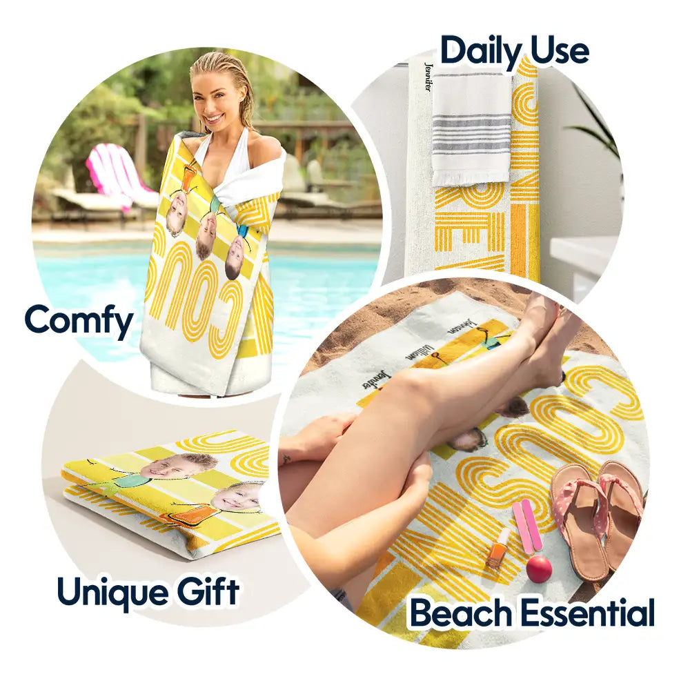 Custom Photo Funny Cousin Crew Retro Stripe - Personalized Beach Towel