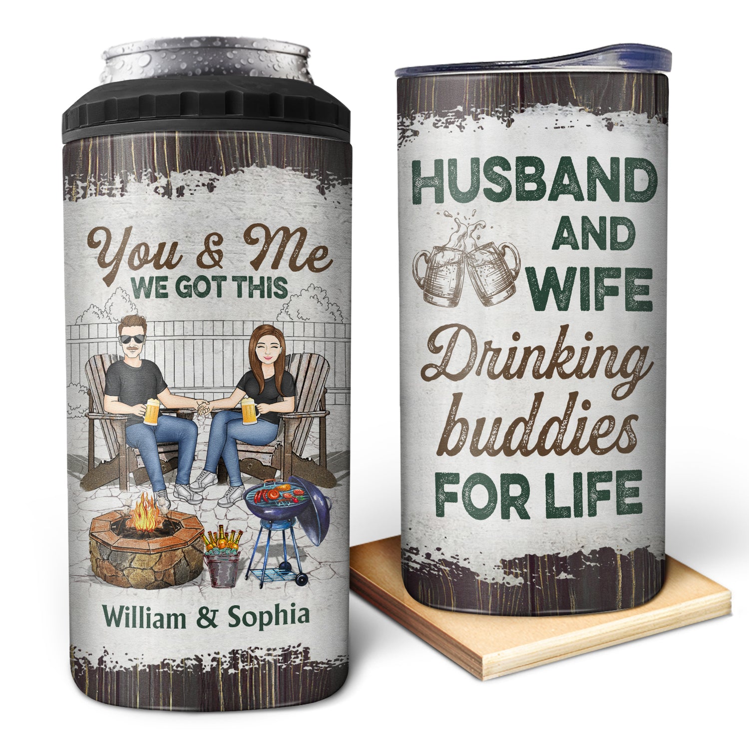 Husband And Wife Drinking Buddies For Life - Loving Gift For Couples - Personalized Custom 4 In 1 Can Cooler Tumbler