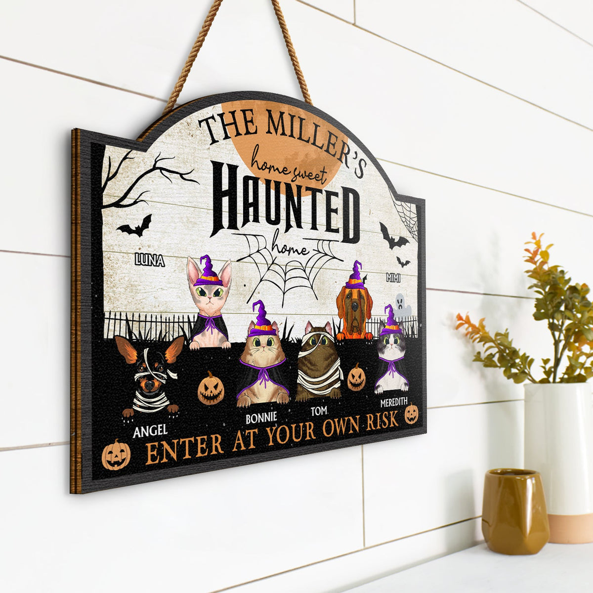 Home Haunted Home Enter At Your Own Risk - Halloween, Birthday, Home Warming, Funny Gift For Dog Lovers, Cat Lovers - Personalized Custom Shaped Wood Sign