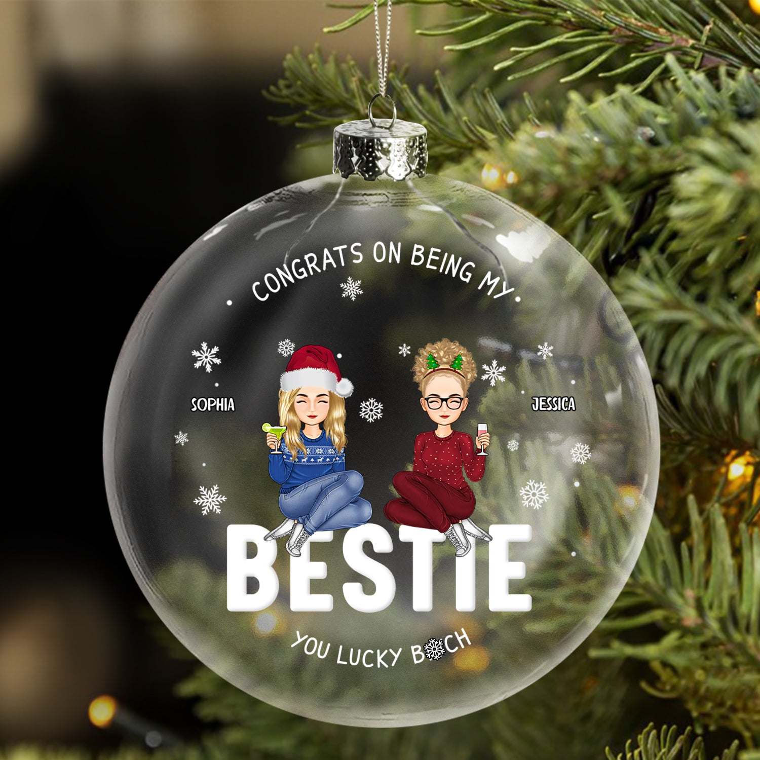 Congrats On Being My Bestie - Christmas Gift For Friends, Sisters, Sibling - Personalized Clear Flat Ball Ornament