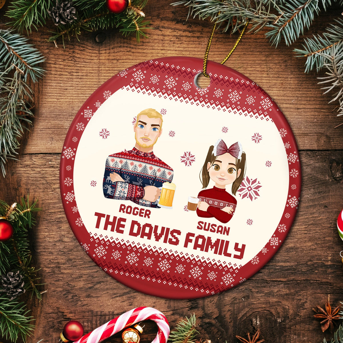 Flat Art - Christmas, Funny Gift For Family, Couple, Dad, Mom, Grandpa, Grandma - Personalized Circle Ceramic Ornament