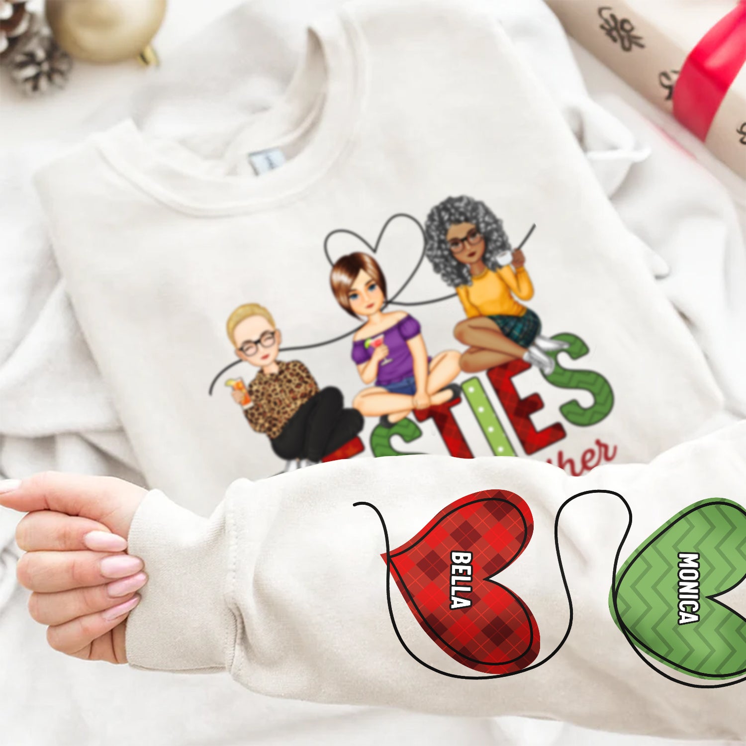 Sisters Are Tied Together With Heartstrings - Christmas Gift For Besties, Sisters - Personalized Sweatshirt With Sleeve Imprint