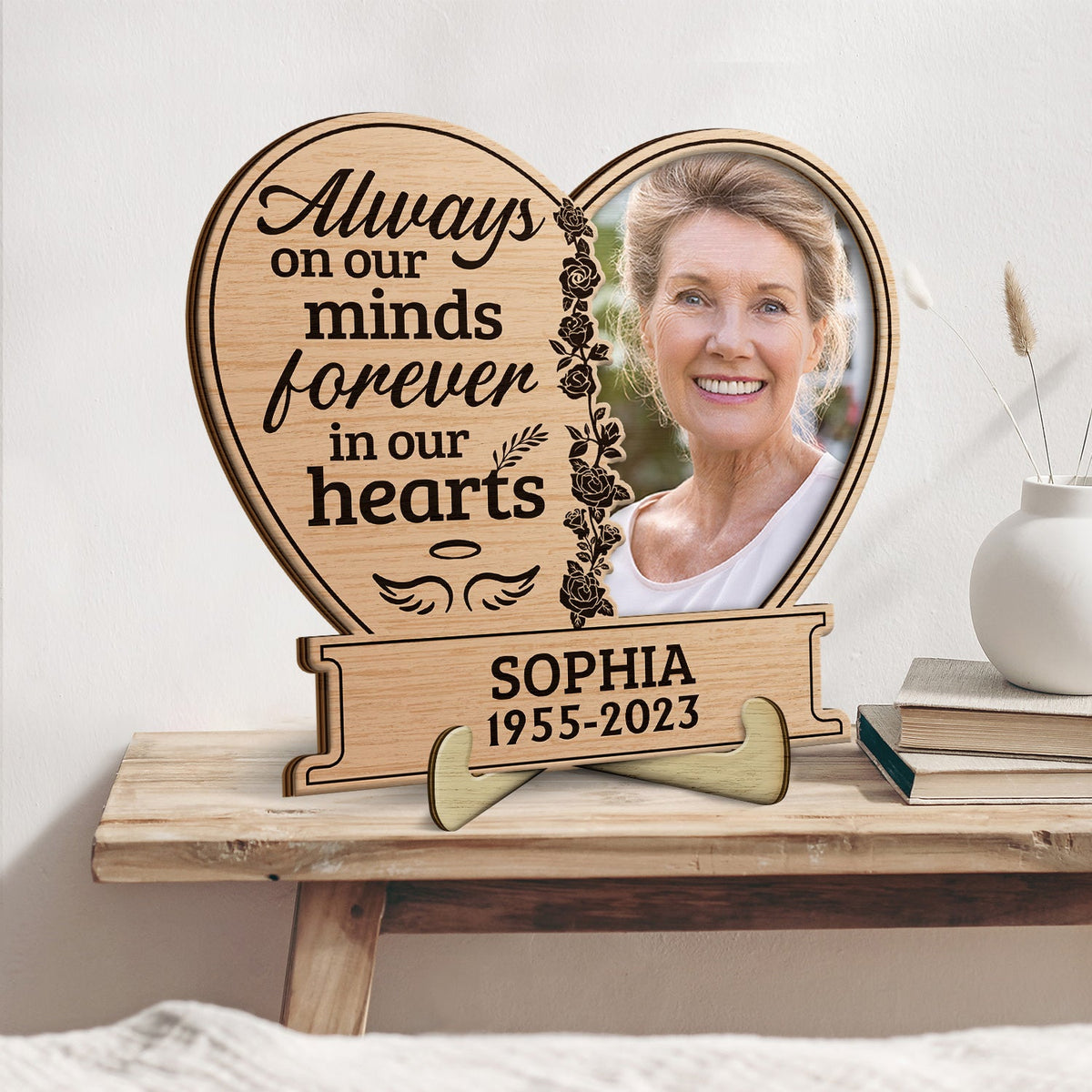 Custom Photo Always On Our Minds Forever In Our Hearts - Memorial Gift For Family, Friends, Pet Lovers - Personalized 2-Layered Wooden Plaque With Stand