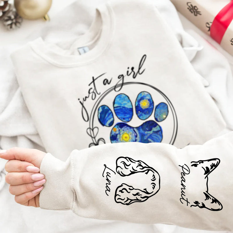 Just A Girl Who Loves Dogs Cats Night Sky - Birthday, Loving Gift For Dog Lover, Cat Mom, Pet Mum - Personalized Unisex Sweatshirt With Design On Sleeve