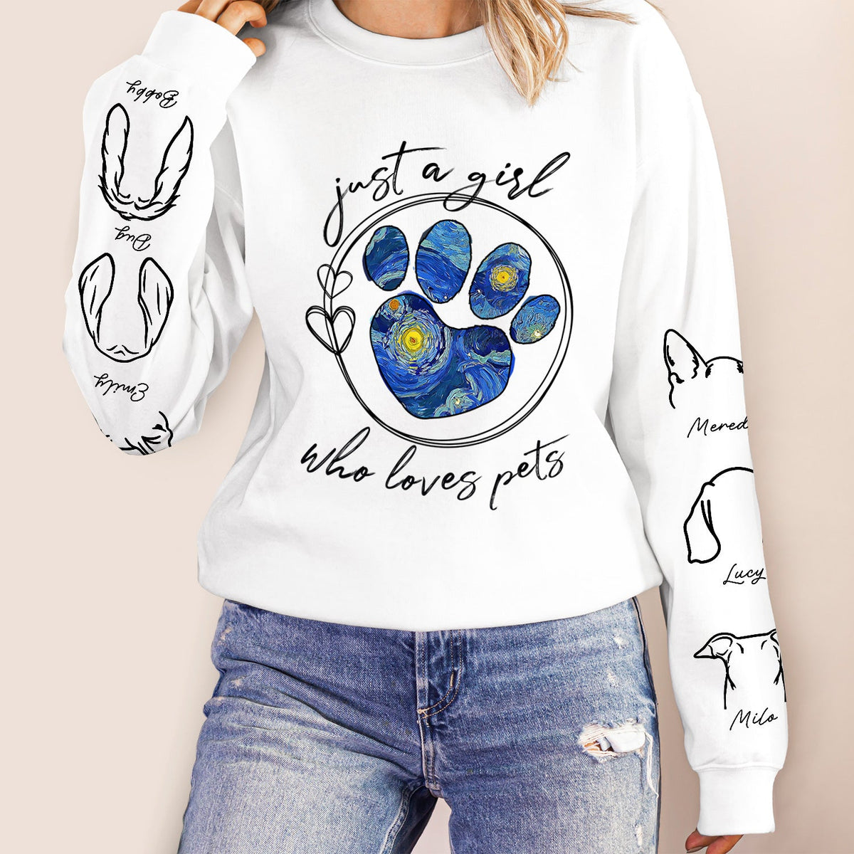 Just A Girl Who Loves Dogs Cats Night Sky - Birthday, Loving Gift For Dog Lover, Cat Mom, Pet Mum - Personalized Unisex Sweatshirt With Design On Sleeve