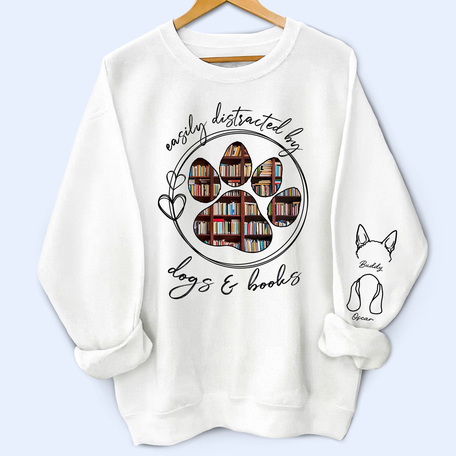 Easily Distracted By Dogs Cats And Books - Birthday, Loving Gift For Dog Lover, Cat Mom, Pet Mum - Personalized Unisex Sweatshirt With Design On Sleeve