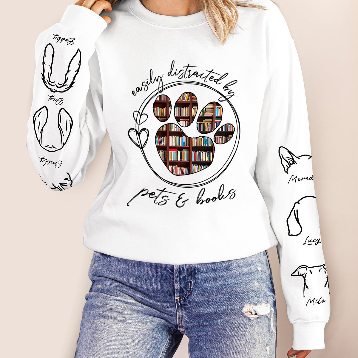 Easily Distracted By Dogs Cats And Books - Birthday, Loving Gift For Dog Lover, Cat Mom, Pet Mum - Personalized Unisex Sweatshirt With Design On Sleeve