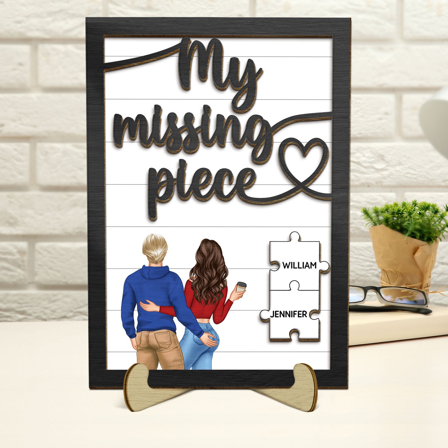 My Missing Piece Backside Couple - Gift For Couples, Husband, Wife - Personalized 2-Layered Wooden Plaque With Stand