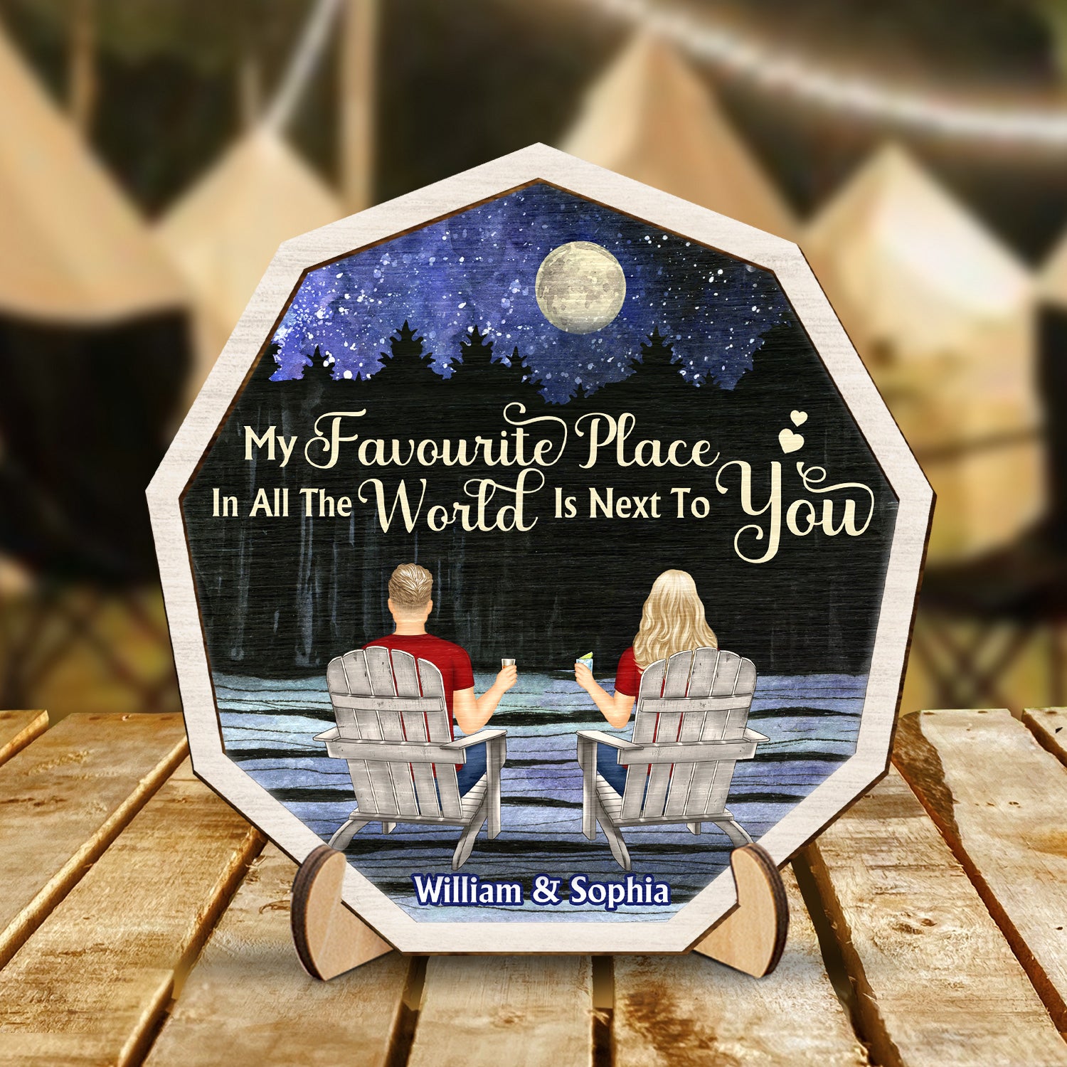 My Favourite Place Couple Back Sitting On Chairs - Loving, Anniversary Gift For Spouse, Husband, Wife - Personalized 2-Layered Wooden Plaque With Stand
