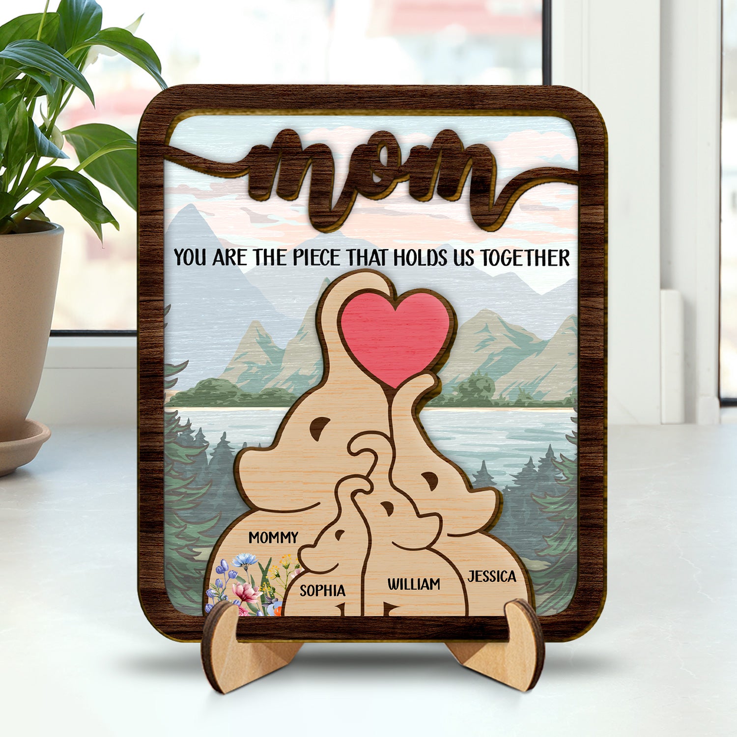 Elephant Mom You Are The Piece That Hold Us Together - Gift For Mothers - Personalized 2-Layered Wooden Plaque With Stand