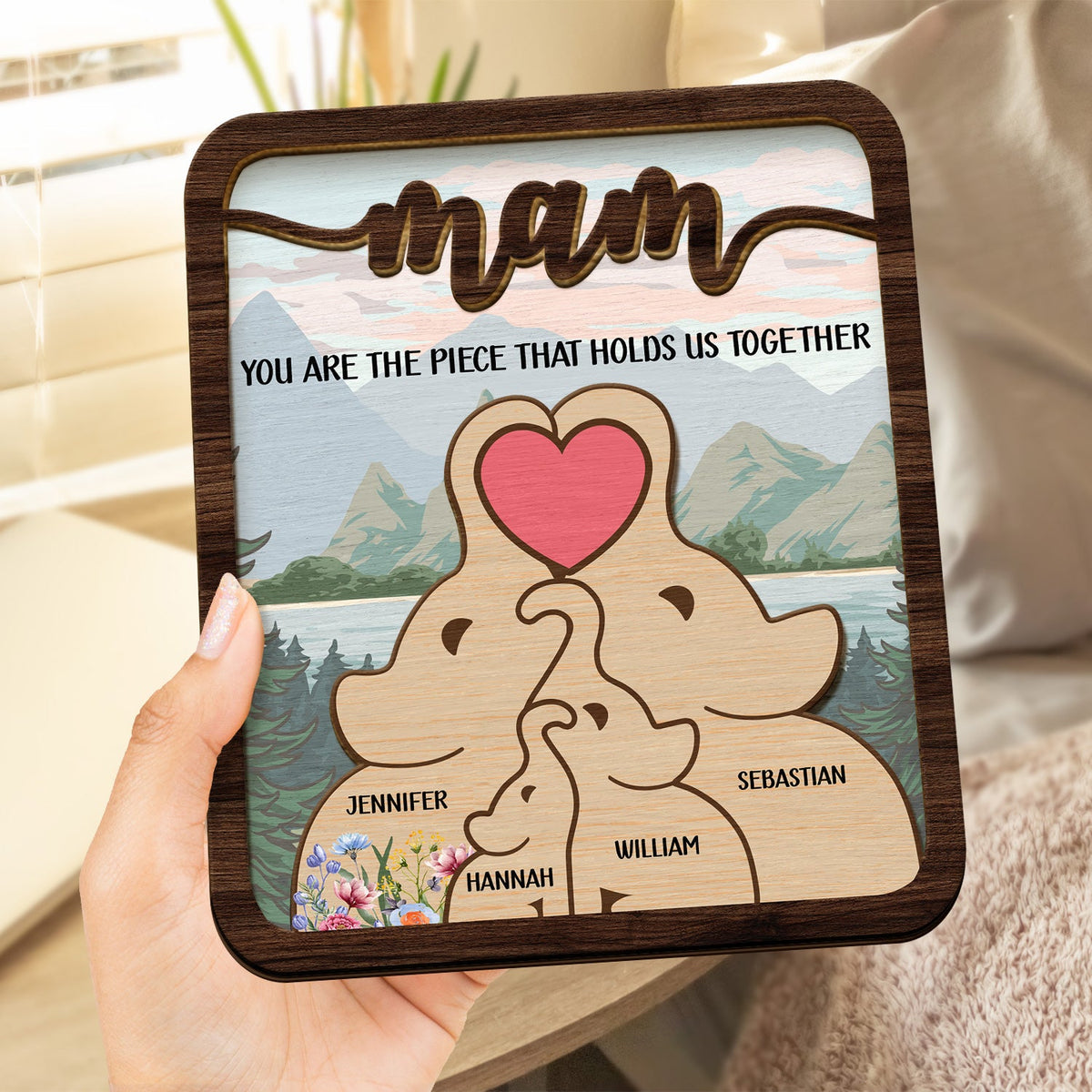 Elephant Mom You Are The Piece That Hold Us Together - Gift For Mothers - Personalized 2-Layered Wooden Plaque With Stand
