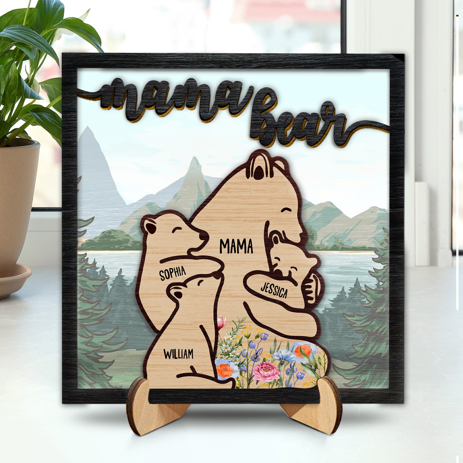 Mama Bear - Gift For Mothers - Personalized 2-Layered Wooden Plaque With Stand