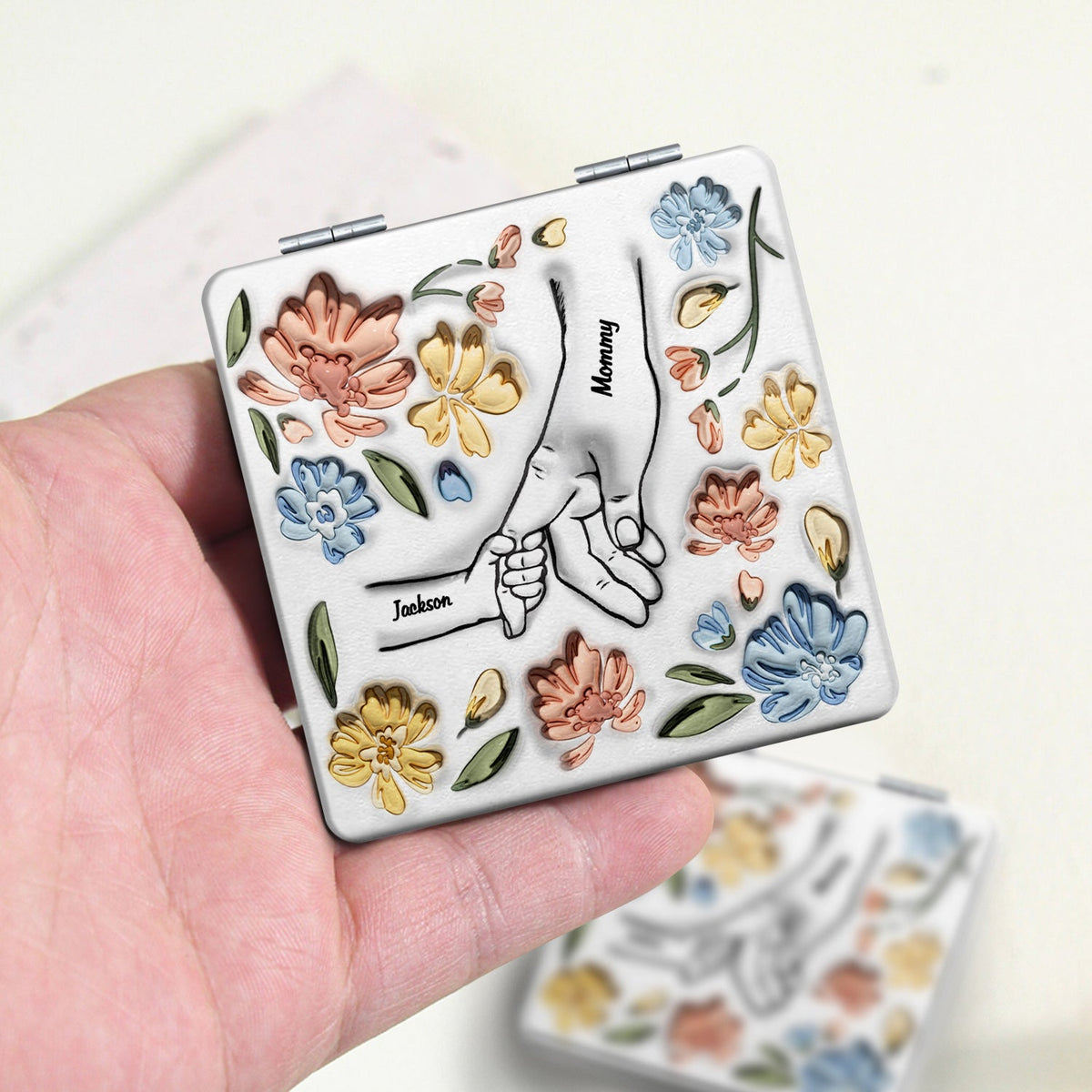 Hand In Hand, I Will Always Protect You - Gift For Mom, Grandma - 3D Inflated Effect Printed Mirror, Personalized Square Compact Mirror