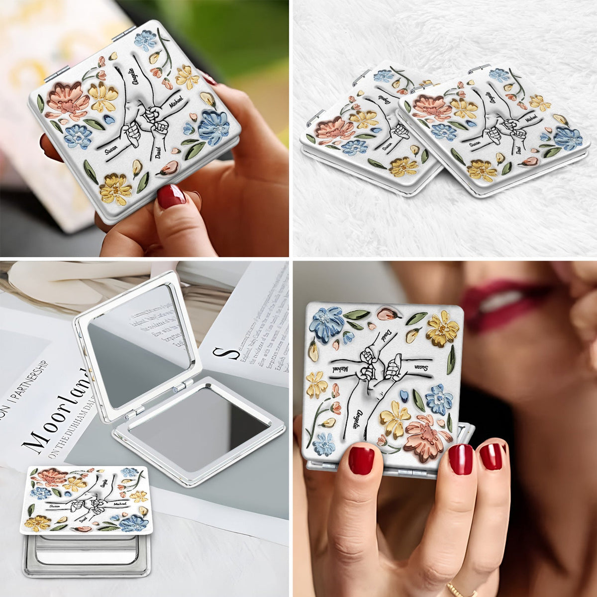 Hand In Hand, I Will Always Protect You - Gift For Mom, Grandma - 3D Inflated Effect Printed Mirror, Personalized Square Compact Mirror
