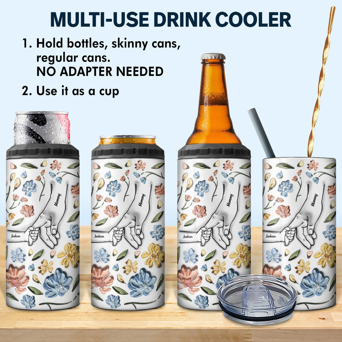 Hand In Hand, I Will Always Protect You - Gift For Mom, Grandma - 3D Inflated Effect Printed Tumbler, Personalized 4 In 1 Can Cooler Tumbler