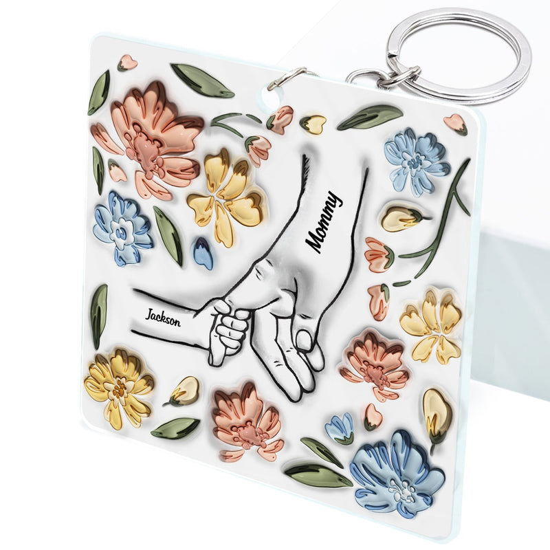 Main dans la main, je te protégerai toujours - Cadeau pour maman, grand-mère - Porte-clés personnalisé en acrylique imprimé effet gonflé 3D