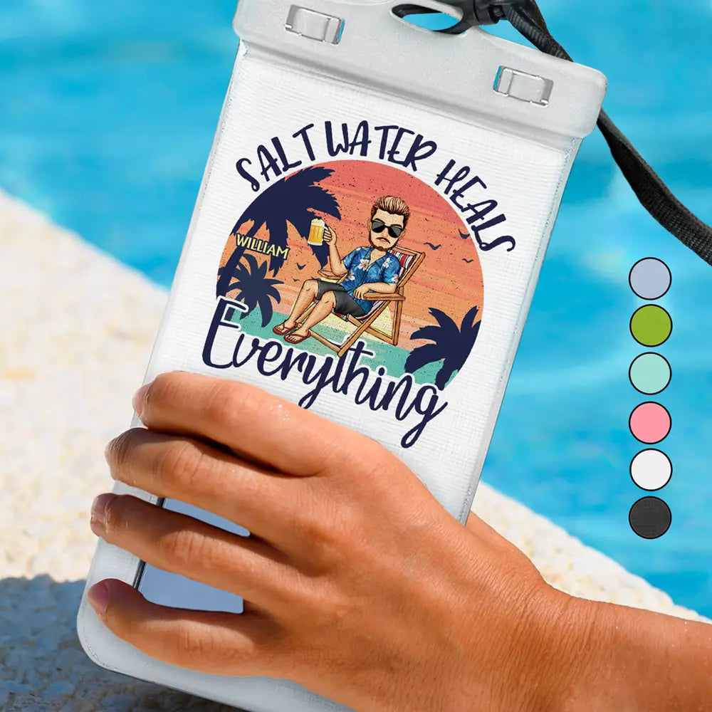 Salt Water Heals Everything Beach Cartoon - Summer Gift For Her, Him, Besties, Family - Personalized Waterproof Phone Pouch