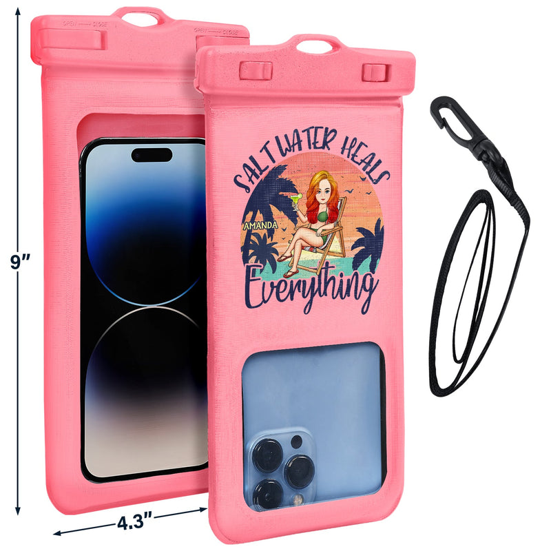 Salt Water Heals Everything Beach Cartoon - Summer Gift For Her, Him, Besties, Family - Personalized Waterproof Phone Pouch