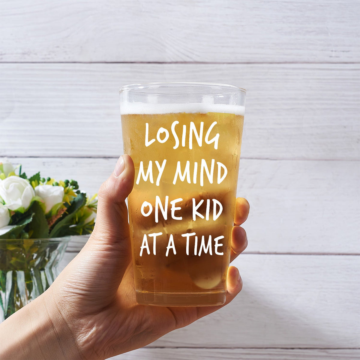 Photo personnalisée « Je perds la tête, un enfant à la fois » - Verre à bière personnalisé
