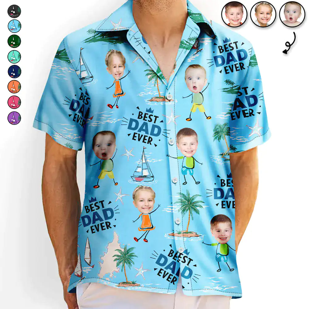 Custom Photo Best Dad Ever Palm Tree And Sailing - Personalized Hawaiian Shirt