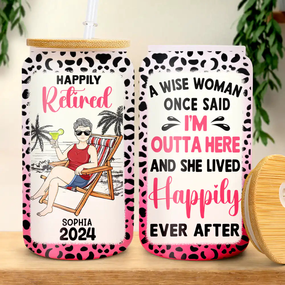 And She Lived Happily Ever After Happily Retired - Personalized Ombre Frosted Glass Can