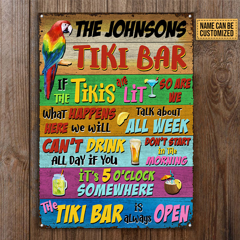 Tropical Parrot Tiki Bar est toujours ouvert Panneaux métalliques classiques personnalisés, Décoration de salon Tiki, Décoration de salon Parrot, Décoration de salon Tiki tropical